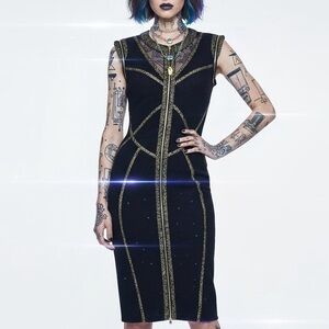 Vintage 90s Mesh Bodycon Black Mini Dress Club Sexy Longsleeve